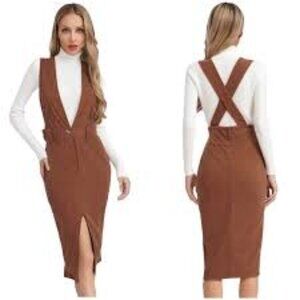 49-NWT HALARA BROWN SUSPENDER MIDI SKSIRT JUMPER HIGH WAIST STRETCH PONTE